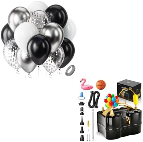 Black Silver Confetti Latex Balloons,60pcs 12 inch Black White Silver Metallic Chrome and Confetti Balloons and Electric Balloon Pump by Bezente