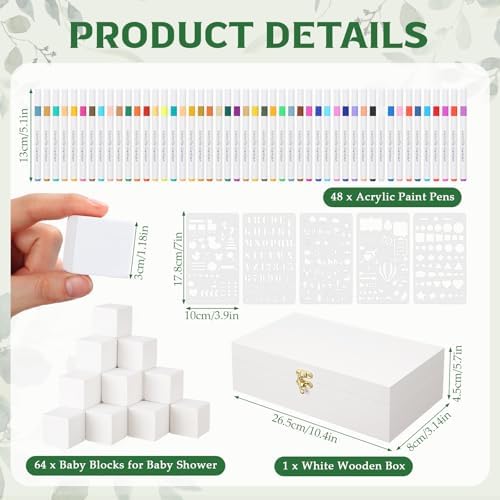 119 Pcs Baby Shower Game – 64 White Wooden Cubes to Decorate, Storage Box, 48 Acrylic Markers, 5 stencil templates & Instruction Sign - Image 2