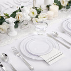 NOCCUR 700PCS Silver Plastic Plates Disposable for 100 Guests - Include 100 Dinner/Dessert White Plastic Plates with Silver Trim,300 Cutlery,100 Cups,100 Napkins for Party&Wedding - Image 3