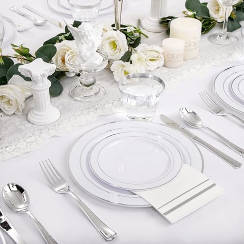 NOCCUR 700PCS Silver Plastic Plates Disposable for 100 Guests - Include 100 Dinner/Dessert White Plastic Plates with Silver Trim,300 Cutlery,100 Cups,100 Napkins for Party&Wedding - Image 3