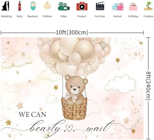 10x8FT Baby Shower Backdrop We Can Bearly Wait Brown Bear Hot Air Balloon Photography Background Newborn Baby Shower Party Decorations Banner Photo Booth Props - Image 2