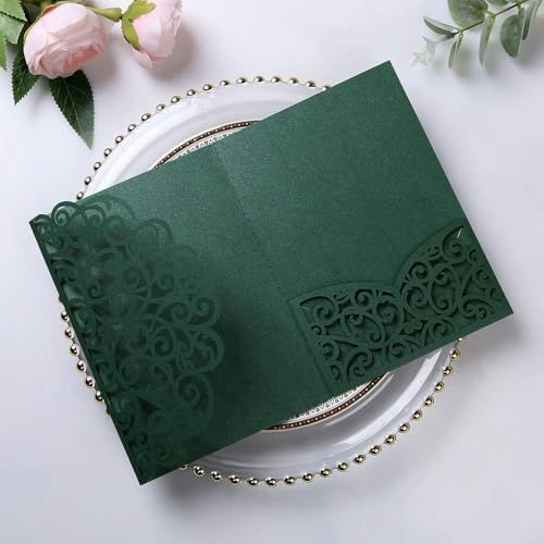 PONATIA 5.12 x 7.2 Emerald Green Laser Cut Invitation Cards, 20PCS Tri-Fold 5 x 7 Trifold Wedding Invitation Cards Pockets with Envelopes for Wedding Bridal Shower Engagement Birthday Quinceanera - Image 3