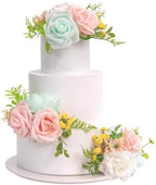 TINGE TIME 3Pcs Pre-made Cake Toppers，Silk Artificial Flowers Decor，Cake Decorations for Weddings, Birthdays, Party,Baby Shower,Celebration (Mint Green and Pink) by TINGETIME
