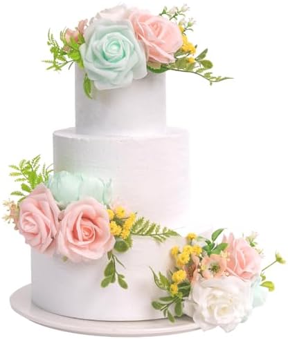 TINGE TIME 3Pcs Pre-made Cake Toppers，Silk Artificial Flowers Decor，Cake Decorations for Weddings, Birthdays, Party,Baby Shower,Celebration (Mint Green and Pink) by TINGETIME