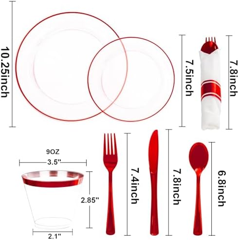 SUT 350 Pcs Red and Clear Plastic Dinnerware Set for 50 Guests, Include: 50 Dinner Plates, 50 Dessert Plates, 50 Pre Rolled Napkins With Silverware, 50 Cups, Disposable Plates for Party - Image 3