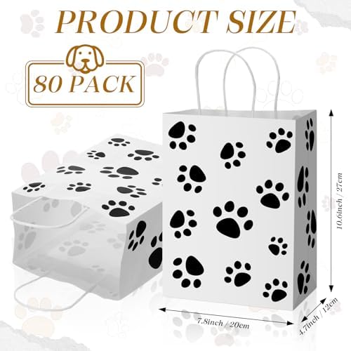 Tenceur 80 Pcs Dog Gift Bags Goodie Paw Puppy Paper Treat Bags Bulk with Handles 10.63 x 4.72 x 7.87 Inch Dog Themed Party Favors Shopping Holiday Kraft(White) - Image 2