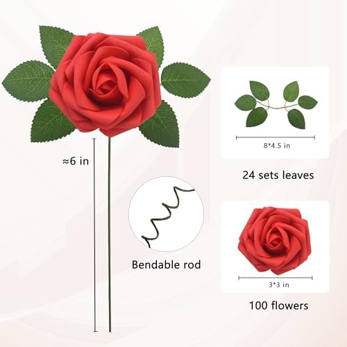 Artificial Flowers Realistic Red Roses, 100pcs Real Looking Fake Roses with Stem for DIY Wedding Bouquets Centerpieces Bridal Shower Party Home Romantic Decorations (Red) - Image 2