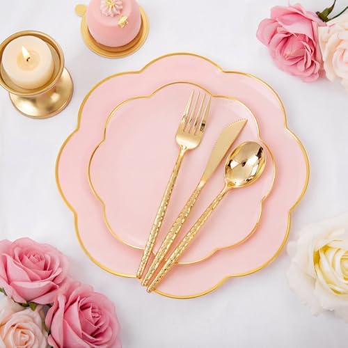 LIYH 150Pcs Gold Flower Edge Pink Dinnerware Set For 30 Guests Party - Image 2