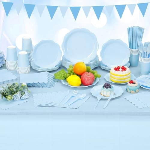 Funnymoom 452 Pcs Light Blue Party Supplies for 50 Guests, Baby Blue Scalloped Paper Plates Napkins Cups Plastic Tablecloth Cutlery Straws for Baby Bridal Shower, Birthday Wedding Party Decoration - Image 6