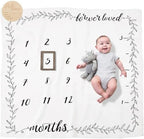 Pondering Pine Organic Baby Monthly Milestone Blanket Boy or Girl - Months Blanket with Wood Frame and Newborn Announcement Disc - Growth Chart for 1-12 Month Milestones, Gender Neutral, 47”x47” by PonderingPine