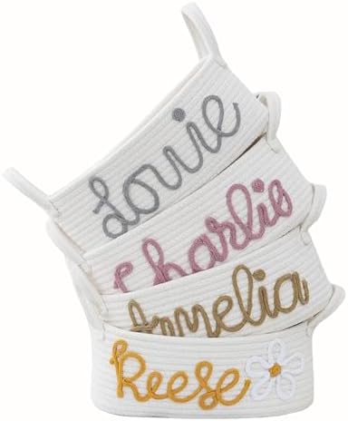 Personalized Baby Name Basket with Handles,Custom Diaper Caddy Cotton Rope Basket,Baby Stuff Organizer Storage Bin for Nursery Toy Room Bedroom Bathroom (White,L) by Blireana