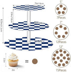 J JOYSAY Chess Checkerboard Blue White Print Acrylic Cupcake Stand 3 Tier Dessert Table Display Set Clear Cake Stands for Baby Shower Party Wedding Decorations Easy Assembly Macaron Tower - Image 3