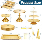Audab Metal Gold Dessert Table Display Set Including Cake Stands, Cupcake Tower Stand, Dessert Tray, Risers Stands, Cake Cutting Set and Serving Tongs for Wedding, Birthday Party Decor - Image 2