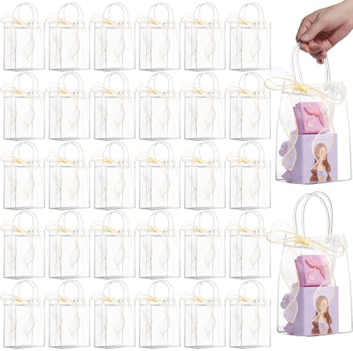 WDSHCR 80 PCS Clear Plastic Gift Bags with Handles, Party Favor Bags with Ribbons, Reusable Goodie Tote Bags for Wedding, Baby Shower, Birthday (Clear 5.1 x 7.5 x 3.1, 80 Pack) by WDSHCR