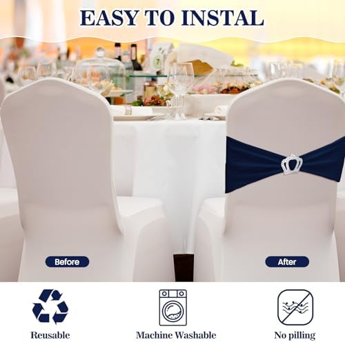 VitalCozy 50 Pcs Stretch Chair Sashes with Crown, Navy Blue - Image 4