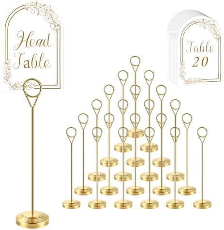 Radezon 21 PCS Gold Table Number Holders With Table Numbers 1-20 & Head Table Card, 8" Weighted Base Place Card Holders for Outdoor Wedding, Windproof Sturdy Metal Photo Stands for Reception Tables by Radezon