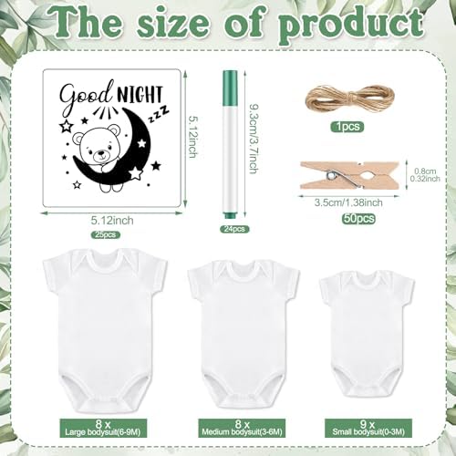Panitay 126 Pcs Baby Shower DIY Bodysuit Set Bib 25 Blank White Newborn Bodysuit 25 Stencils 24 Marker 1 Sign 50 Pins(Greenery) - Image 3