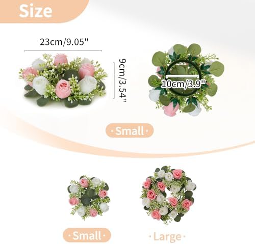 NUPTIO Flower Wreath for Table Centerpieces: 9.05 Inch Small Pink & White Candle Rings 10 Pcs for Wedding Party Christmas Decorations - Rose Wreaths for Spring Summer Front Door Porch Decor - Image 4