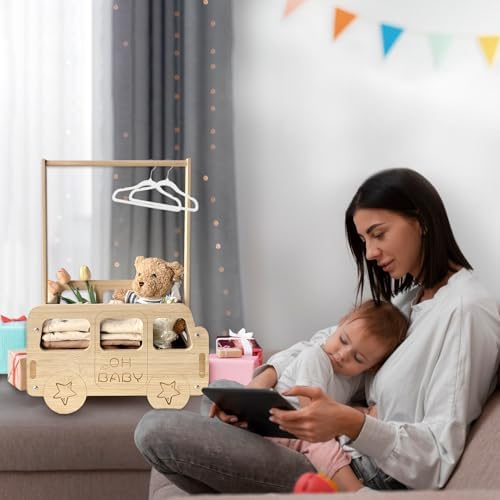 fun-plus Baby Shower Crate Closet, Bus Shape Baby Shower Basket with Handle Baby Storage Crate, Wooden Crate for Pregnancy New Parent (Bamboo made) - Image 3