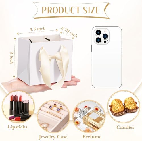Kolldenn 50 Pcs Mini White Gift Bags Bulk with Beige Bow Ribbon Handles - Image 4