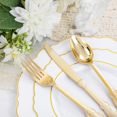 Liacere 350PCS Gold Plastic Plates-Disposable White and Gold Plates 50guest Baroque Plastic Dinnerware include 100Plates, 50Pack Pre Rolled Napkins with Silverware 50Cups for Wedding & Party - Image 2