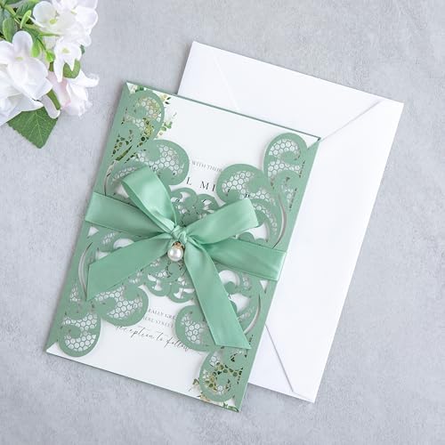 20Pcs Sage Green Laser Cut Wedding Invitation Cards With Envelopes - Image 5