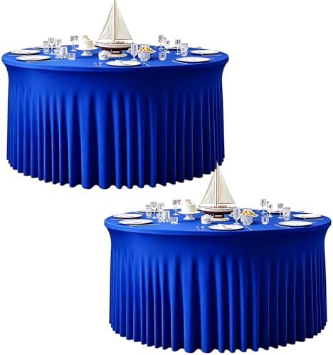 2 Pack Royal Blue Table Cloth for 5FT Round Tables, Fitted Spandex 120 inch Round Tablecloth, Wrinkle Free Table Skirt for Receptions Birthday Photography Social Events Engagement Party Decorations by Creativepartyuniquedecorat