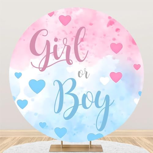 YongFoto Boy or Girl Gender Reveal Round Backdrop Cover 7.5ft Loving Heart Pink Blue Photography Background He or She Pregnancy Reveal Welcome New Baby on The Way Party Banner Photoshoot Props - Image 2