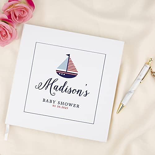 Andaz Press Personalized Baby Shower Guestbook with Gold Accents, Nautical Sailboat Custom Name, Date, White Guest Sign in Registry 120 Pages 8.5 X 8.5 Memories Book for DIY, Scrapbook, Photo Album - Image 2