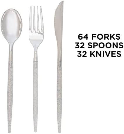 Luxe Party 128 Pieces Two Tone Plastic Disposable Cutlery | Forks-Spoons-Knives | Full Size | Chic Round | Glitter and Silver - Image 3