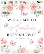 Andaz Press Butterfly Baby Shower Decorations - 16x20-Inch "A Little Butterfly Is On Her Way" Personalized Sign, Peach Florals Welcome To Baby Shower Guest Book Alternative by AndazPress