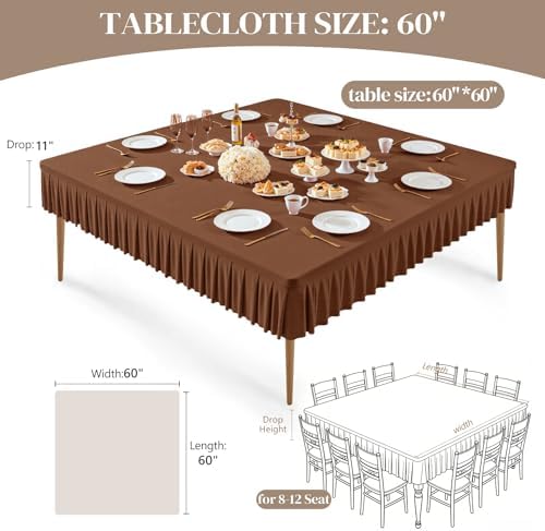 Wish Care 2 Pack Brown Spandex Tablecloths for 60x60 Inch Square Tables, Stretch Fitted Table Clothes with Pleated Ruffle Skirt for 60” Table, Wrinkle Free and Elastic, for Party Kitchen Home Dining - Image 4