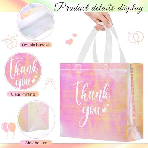 Sweetude 30 Thank You Non Woven Gift Bag, 11 x 12 x 5 Inch, Laser Pink - Image 4
