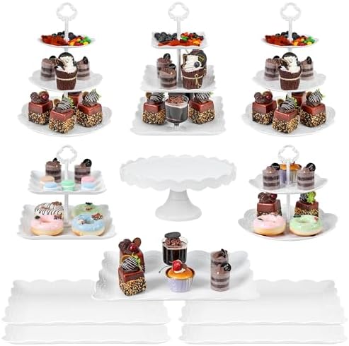 11Pcs Dessert Table Display Set, White Cupcake Stand Set with 3-Tier & 2-Tier Dessert Stands, 10" Plastic Cake Stand & Serving Trays for Wedding, Birthday, Baby Shower, Party&treat table displays set - Image 3