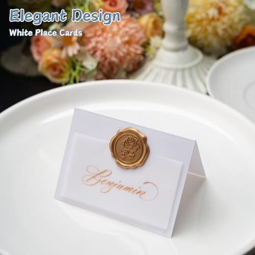 100 Pack Name Cards for Table Setting, Printable Place Cards with Antique Gold Rose Wax Seal Sticker for Wedding, Table Tent Card Stock for Party, Dinner (100 Pack Pearlized White) - Image 3