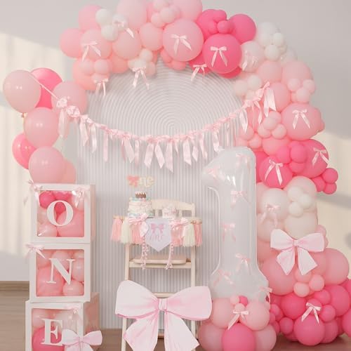 Pink Bow Birthday Decorations Girls Just Wanna Be One First Birthday Pink White Balloon Arch Backdrop High Chair Banner Balloon Boxes Crown Hat For Baby Girls - Image 2