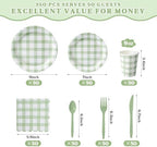 Vyntra 350-Pc Sage Green Gingham Paper Plates and Napkins Party Supplies - Image 4