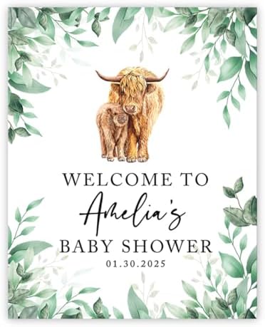 Andaz Press Greenery Highland Cow Baby Shower Decorations, Personalized Welcome Sign Board, Western Theme, 16"x20" Canvas Guest Book Alternative by AndazPress