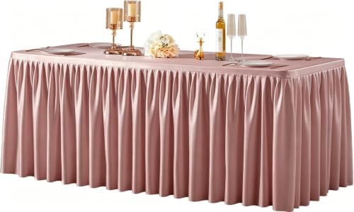 Dusty Rose Tablecloth Rectangle Tables 4FT, Polyester Wrinkle Free Stretch Table Cloth 6ft Fitted Table Cover with Pleated Ruffle Skirt for Weddings Birthday Banquet Baby Shower by PartyTalk
