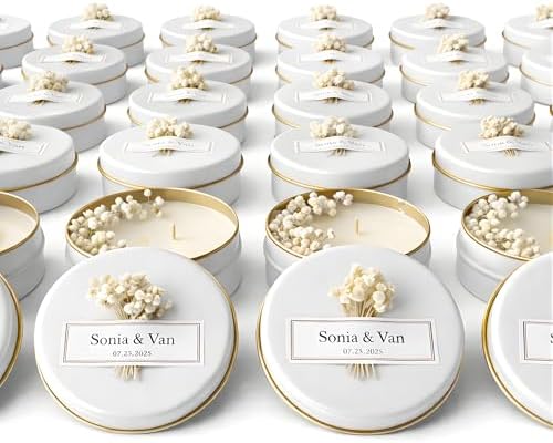 Personalized Scented Soy Wax Candle Favors with Dried Flowers, White Tin Guest Gifts for Weddings, Bridal & Baby Showers, Bulk Sets (10–200 Count) by Unknown