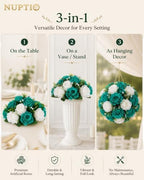 NUPTIO Flower Wedding Centrepieces for Tables - 6 Pcs 9.5in Diameter Teal & White Artificial Flowers Rose Ball for Centerpieces Table - Fake Rose Arrangements for Weddings Birthday Party Decorations - Image 6