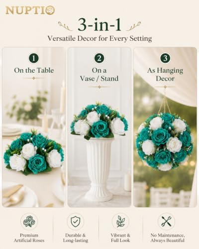 NUPTIO Flower Wedding Centrepieces for Tables - 10 Pcs 9.5in Diameter Teal & White Artificial Flowers Rose Ball for Centerpieces Table - Fake Rose Arrangements for Weddings Birthday Party Decorations - Image 6