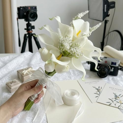 Floral Bouquet 10 Artificial Calla Lilies with 8 Artificial Tulip Flowers, Bridesmaid Bouquet with Wedding Ceremony Festivals Anniversary Bridal Rehearsal Party Bar Table Decor (White) - Image 2