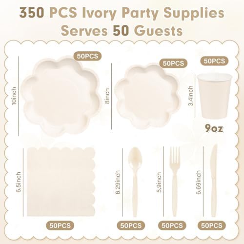 350 Pcs Ivory Paper Plates and Napkins Party Supplies, Serve for 50 Guests - Image 2