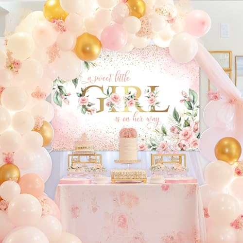Avezano Girl Baby Shower Backdrop Pink Floral Sweet Baby Baby Shower Banner A Sweet Little Girl is on Her Way Party Decorations Banner (8x6ft) - Image 2