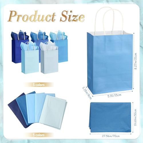 Kolldenn 50 Set Blue Gift Bags with Tissue Paper Thank You,Gradient Blue - Image 2