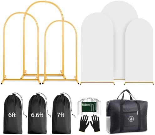 Arch Backdrop Stand and Cover Set 7.2ft,6.6ft,6ft Metal Arch Frame Stand Gold with White Cover for Wedding Birthday Party Baby Shower with Storage Bag(White, 7.2FT+6.6FT+6FT) by Lrrtwer