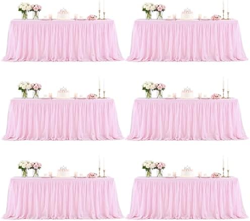 6 Pack Pink Tablecloth Rectangle 6ft Elastic Fitted Tulle Table Cloth Stretch Spandex Rectangular Table Cover with Ruffle Skirt for Wedding Baby Shower Birthday Party Banquet Cake Dessert Table Decor by Besutolife