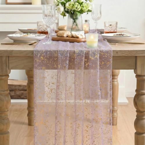 Artoid Mode 6Pcs Grayish Purple Gauze Gold Table Runner 10FT, Glitter Metallic Foil Sheer Dining Wedding Anniversary Holiday Table Decor for Home Party - Image 2