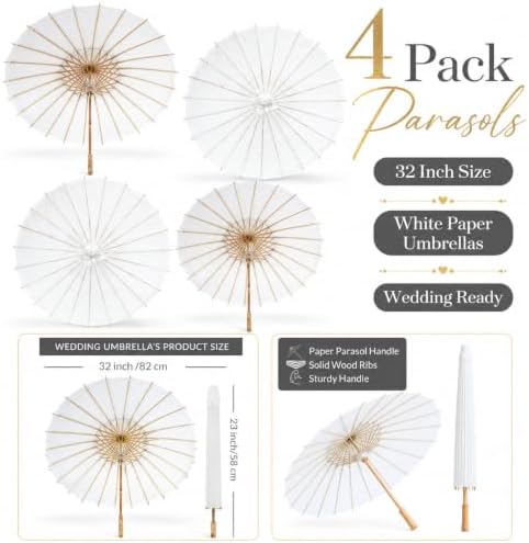 Koyal Wholesale 4Pcs White Parasol Umbrella 32” White Paper Umbrella for Wedding Paper Parasol Umbrella for Sun Bridal Party Chinese Japanese Parasol DIY Craft Arts - Image 5